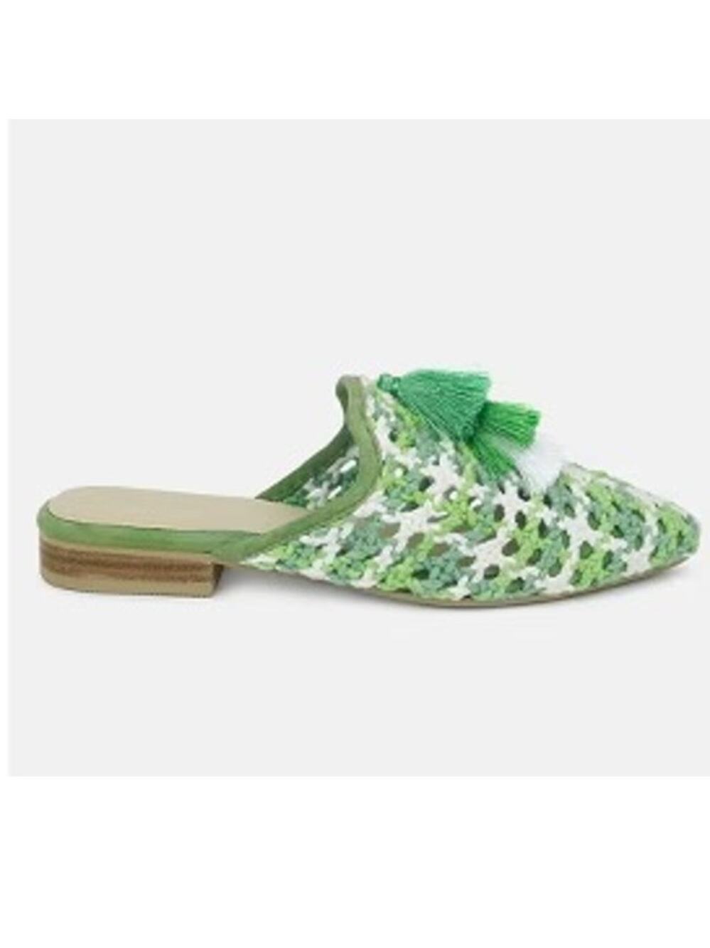 Rag & Co Mariana Green White Woven Tassel Mules Women's Size 9 Indie Boho